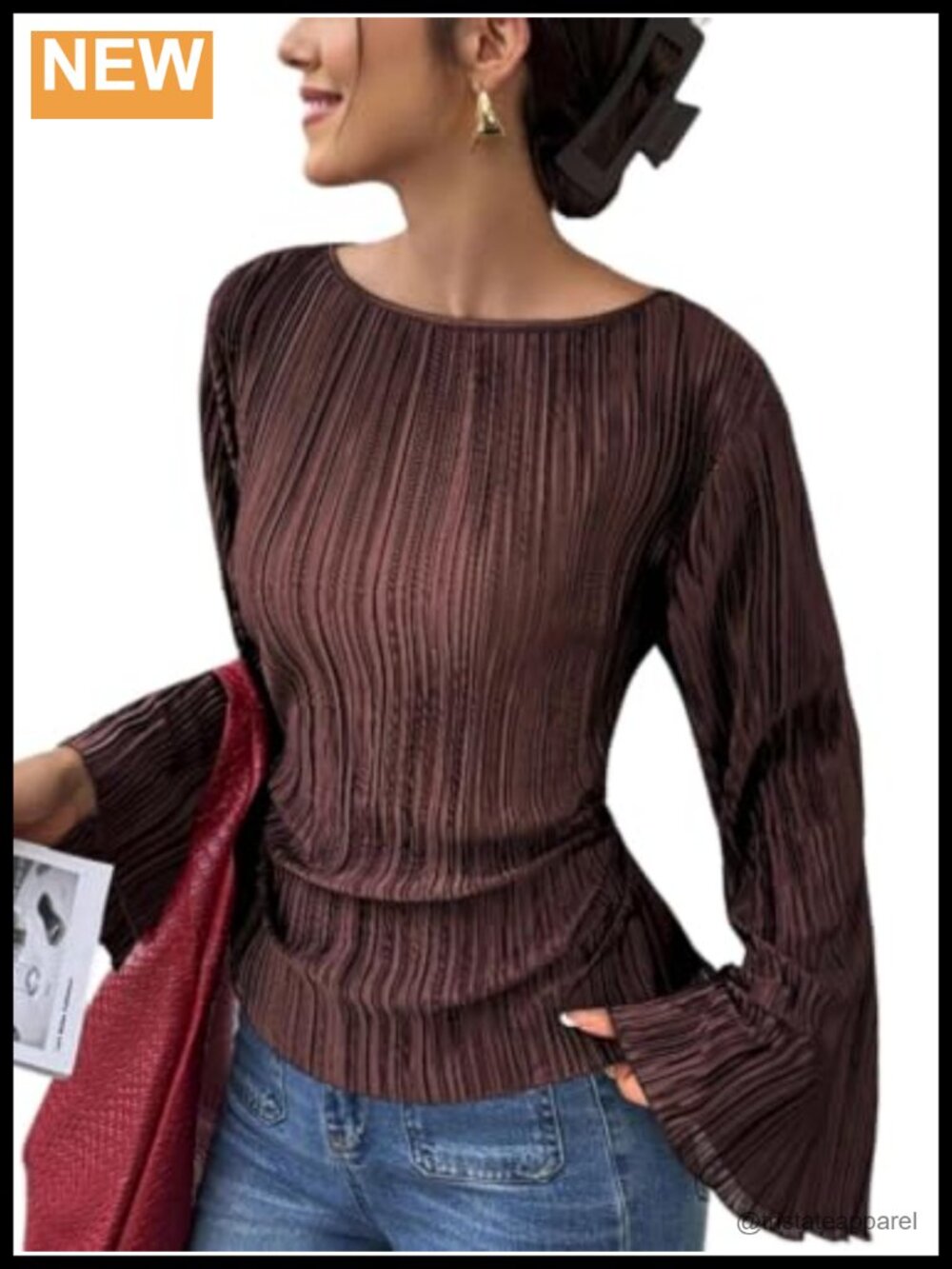 Women's Long Sleeve Bell Sleeve Textured Blouse Boat Neck